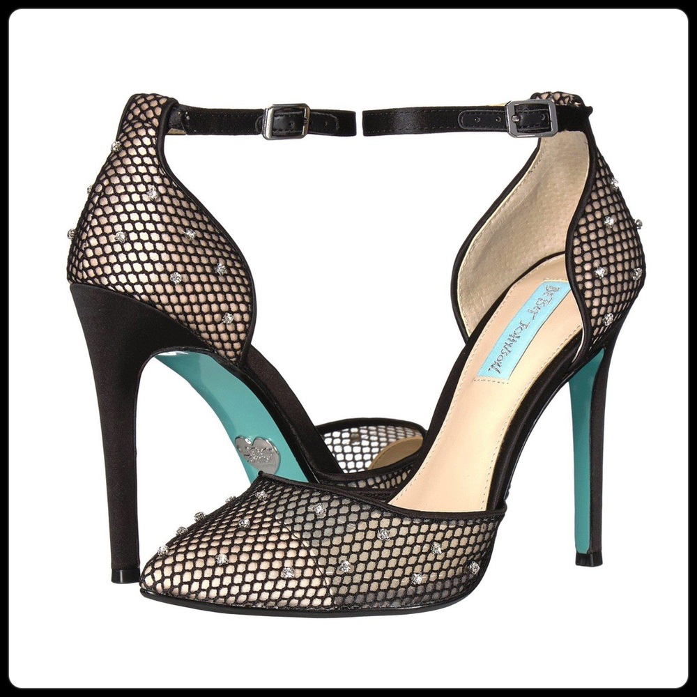 Betsy Johnson Blue Rhinestone & Fishnet Mesh Falcon Pointed Toe Pumps